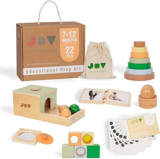 Jackie & Vancie Montessori Toys for 1 Year Old, Sensory Playkit 6 in 1 Wooden Learning Toys with Object Permanence, Rainbow Stacker, Mirror Puzzle, Sensory Blocks, Egg & Cup, Wooden Book