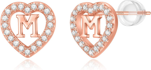 Initial Heart Earrings for Girls, Sterling Silver Post Silver/Rose Gold Heart Initial Stud Earrings for Little Girls Kids Baby Earrings Non Tarnish Hypoallergenic Earrings for Teen Girls Gifts Jewelry