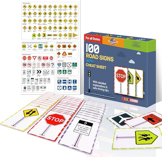 100 Road Sign Flash Cards with Cheat Sheet Color-Coded Detailed Explanation Safe Driving Tips Relevant Road Signs USA