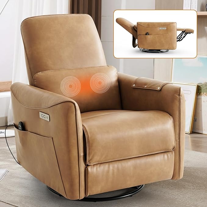 Genuine Leather Modern Electric Swivel Glider Power Recliner Chair with USB and Type-C Ports for Living Room, Power Lift Function, Brown