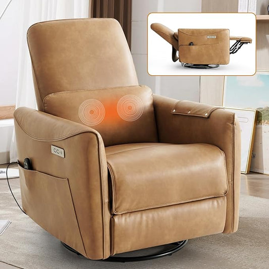 Genuine Leather Modern Electric Swivel Glider Power Recliner Chair with USB and Type-C Ports for Living Room, Power Lift Function, Brown