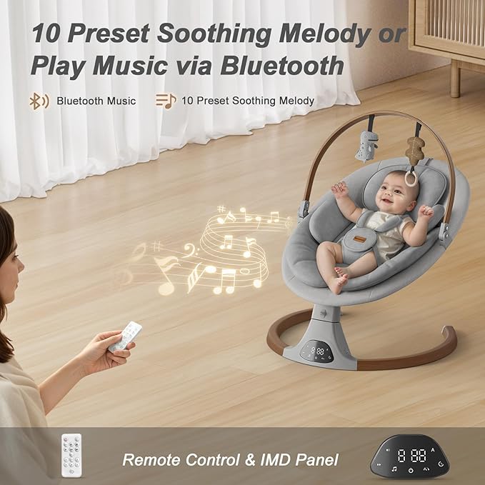 Baby Swings for Infants, Monamii Baby Swing, Bluetooth Infant Swing with Music Speaker, 5 Speeds and Remote Control, Indoor & Outdoor Use (Light Grey)