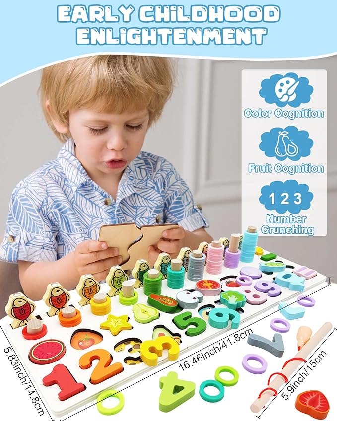 Magnetic Fishing Game, Montessori Educational Toy for 1-3, Wooden Alphabet Number Shape Puzzles, Rings Counting Sorting Toys Math Shape Blocks for Toddlers 3-5