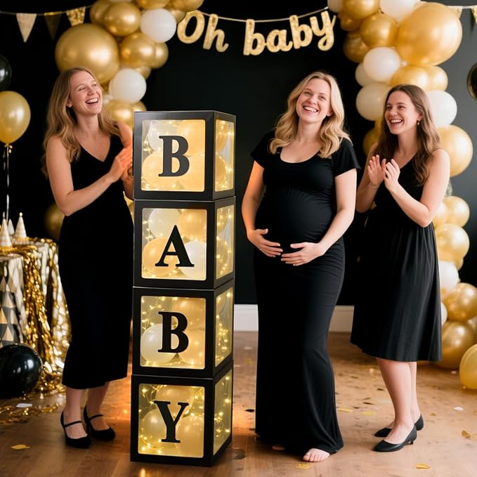 Ledido Baby Boxes with Letters for Baby Shower Decoration, 4 pcs Clear Balloon Boxes Blocks with LED Fairy String Lights 38 Balloons for Boy Girl Gender Reveal Birthday Party (Black)