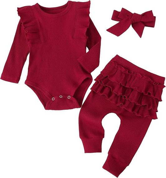 Fullfamous Baby Girl's 3pc Rib Frill Long Sleeve Romper and Pant Set