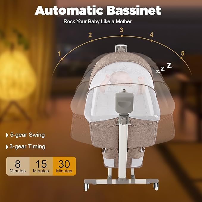 CNCEST Smart Electric Baby Bassinet Bedside Sleeper,Music Play,Automatic Cradle with 3 Speed Timing,5 Speed Wobbling,Portable Baby Bed Height Adjustable Crib,Nets+Mattresses