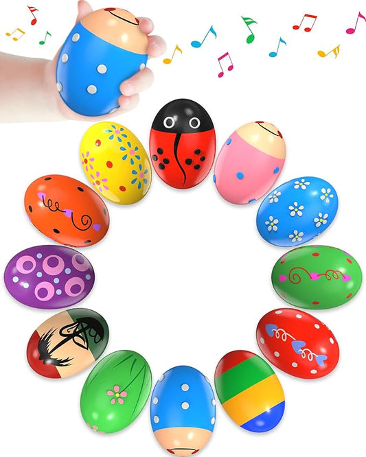 12 Pack Wooden Percussion Musical Shaker, Toddlers Stocking Stuffers 1 2 3 Year Old, Baby Christmas Stocking Easter Basket Stuffers Egg Fillers Easter Gifts Montessori Toys for Kids Boys Girls