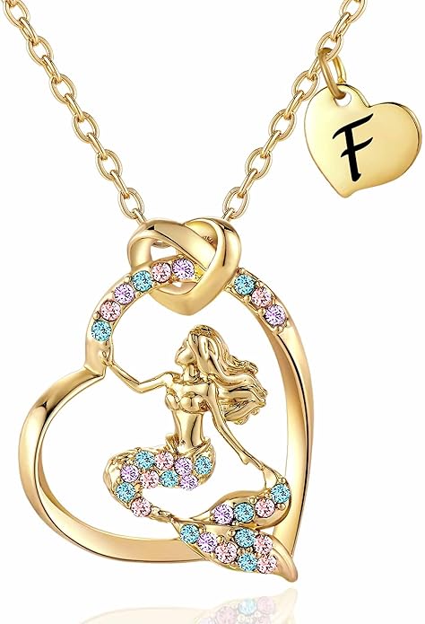 K-Acc 14K Gold-Plated Mermaid Initial Heart Necklace - Gifts for Girls