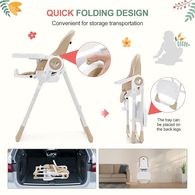 Baby High Chair for Toddlers 1-3 Years Old, Foldable Baby High Chair with Removable Tray, Lightweight Folding Chair with 5-Point Safety Harness, Multiple Recline Positions & Compact Design