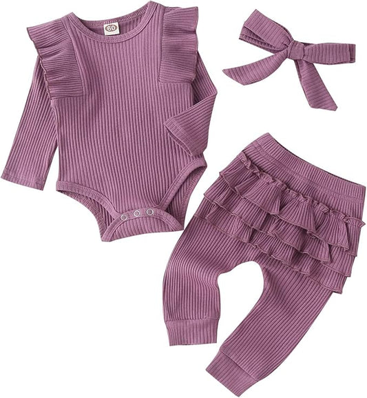 Fullfamous Baby Girl's 3pc Rib Frill Long Sleeve Romper and Pant Set