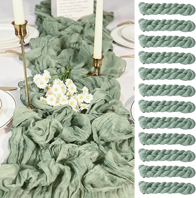 12 Pack Sage Green Cheesecloth Table Runners 35x120 Inch, Wide Boho Gauze Table Runner for Wedding Baby Shower Birthday Party Decor, Semi-Shear Rustic Tablecloth