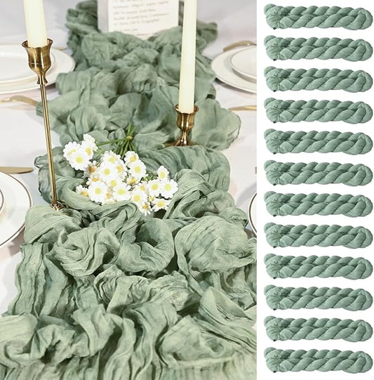 12 Pack Sage Green Cheesecloth Table Runners 35x120 Inch, Wide Boho Gauze Table Runner for Wedding Baby Shower Birthday Party Decor, Semi-Shear Rustic Tablecloth