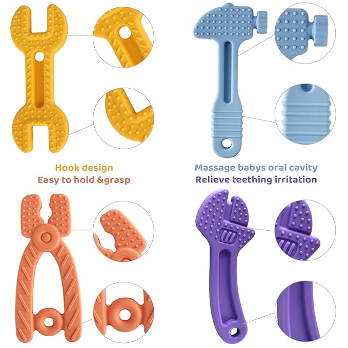 4 Pack Chew Baby Teething Toys for 0-12 Months, Freezable BPA Free Silicone Baby Molar Teether Chew Toys, Hammer Wrench Spanner Pliers Shape Baby Girl's Boy Car Seat Toy