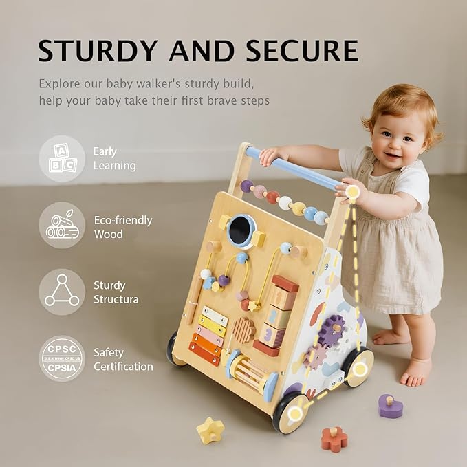 Wooden Baby Walker, Baby Push Walker, Montessori Walker Toy for Babies 12M+ Learning to Walk & Sit-to-Stand, Adjustable Speed Walkers for Boys, Baby Activity Center with Sensory Toy for Girls