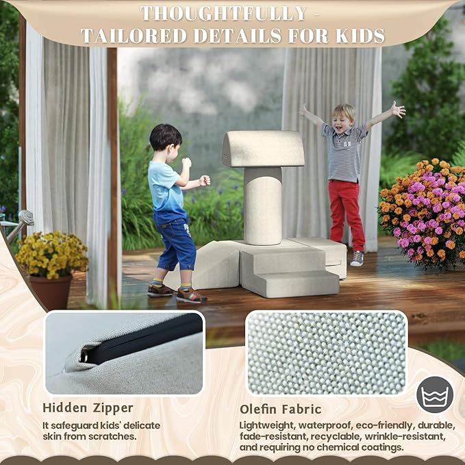 jela Kids Foam Climbing Blocks 6Pcs Soft Play Equipment Waterproof Fabric, UV Resistant Toddler Climbing Toys Indoor& Outdoor Soft Play Climbing Set, Lightweight Climbing Blocks for Toddlers(Sand)