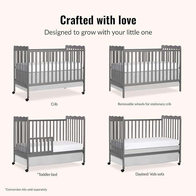 Dream On Me Carson Classic 3-in-1 Convertible Full-Size Baby Crib in Steel Grey, GreenGuard Gold & JPMA, 4 Mattress Heights, Converts to Day & Toddler Bed, Locking Wheels, Classic Nursery Design