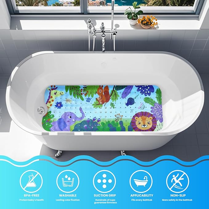 Linoows Baby Bath Tub Mat, 40 x 16 Inch Extra Large Non Slip Kids Cartoon Bathtub Shower Mats with Suction Cups & Drain Holes, Machine Washable for Bathroom, Forest Animals