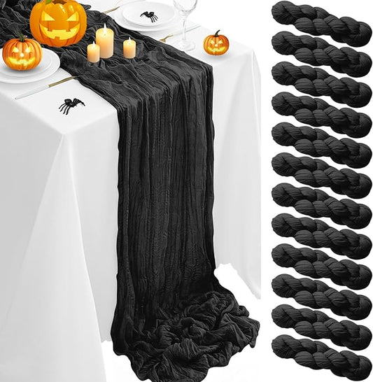 12Pack Black Halloween Table Runner 35 x 120 inch Cheesecloth Table Runner 10FT Boho Table Runners Rustic Gauze Cheese Cloth Table Runners for Party Wedding Birthday Dining Bridal Baby Shower Decor