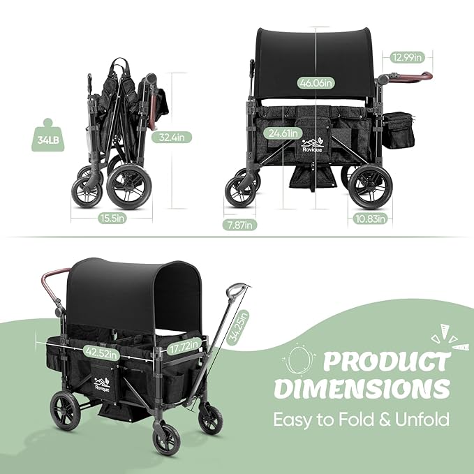 Wagon Stroller for 2 Kids,Premium Wagon for Kids with Removable Canopy,Snack Tray,All-Terrain PU Wheels & Adjustable Push/Pull Handle (Black)