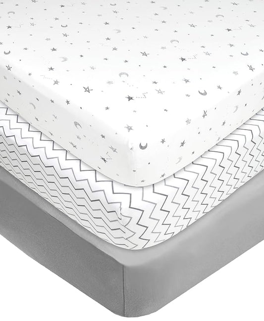 American Baby Company 3 Pack 100% Natural Cotton Fitted Crib Sheets 52" x 28" - Soft, Breathable, Hypoallergenic & Gentle Toddler Bed Sheets, Grey Star/Zigzag, Neutral for Boys & Girls