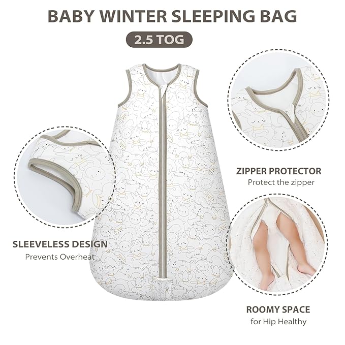 Mosebears Sleep Sack Baby Winter Wearable Blanket with 2-Way Zipper,2.5 TOG Cotton Sleep Sack Unisex (Rabbit Cat, 18-24 Months)