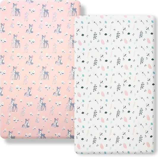 Pack n Play Fitted Sheet. 2 Piece Mini Crib Sheet. Elastic Playard Sheet. Portable Sheet Set. Compatible with Graco Pack n Play. (Leaves & Deer)