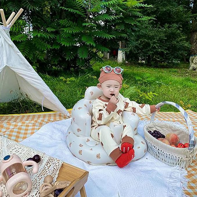 Inflatable Baby Seat, Inflatable Baby Chair for Babies 3 Months and Up, Summer Blow Up Chair with Built in Air Pump, Infant Floor Seats for Learning to Sit, Palying, Camping, Bear Head