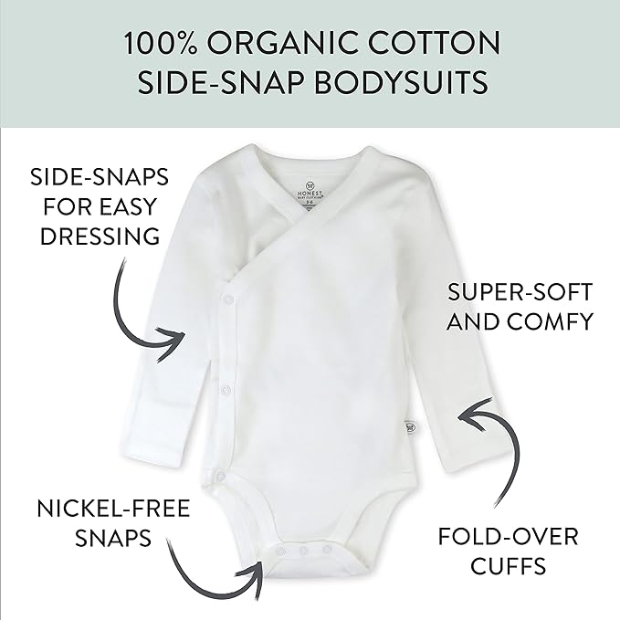 HonestBaby unisex-baby 3-pack Long Sleeve Side-snap Kimono Bodysuits Organic Cotton for Infant Baby Boys, Girls, Unisex