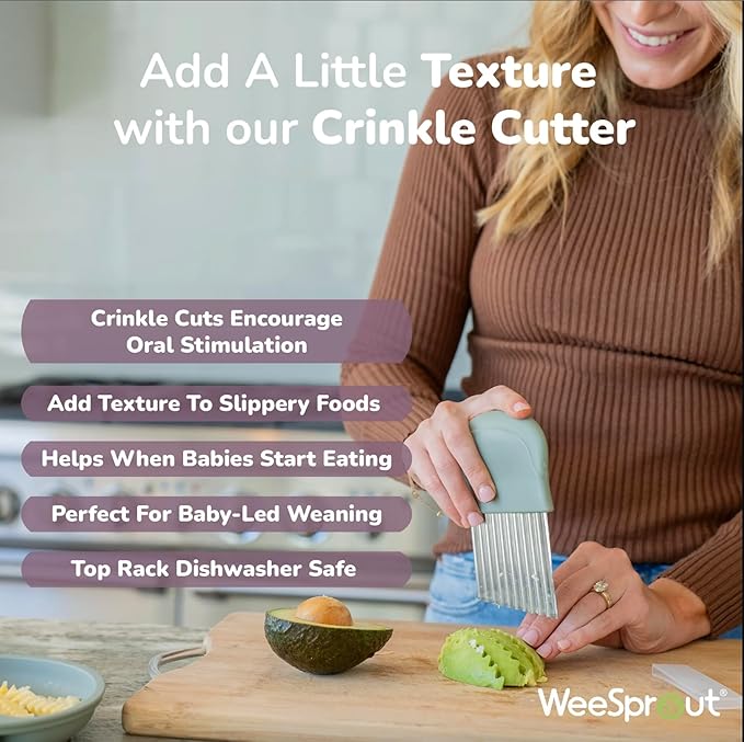 Baby Led Weaning Kitchen Tool Set, Includes Crinkle Cutter, Grape Cutter & Sandwich Cutter, Made In Collaboration With Feeding Specialist, Durable & Dishwasher Safe, Matte Green