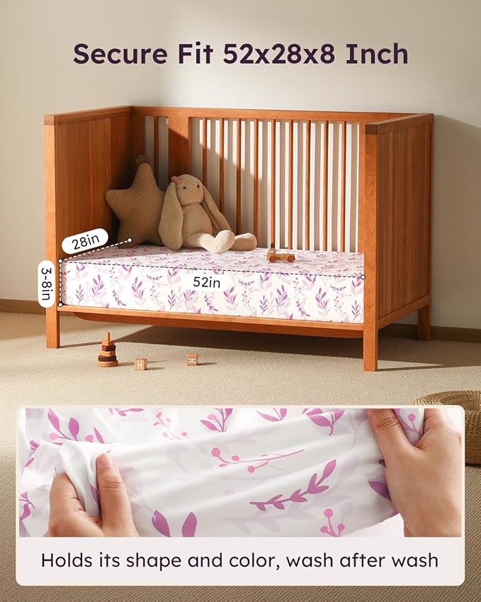 Baby Crib Sheets for Boys Girls, Fitted Crib Sheet Neutral 3 Pack for Standard Crib and Toddler Mattress, Breathable Soft Microfiber Baby Sheet 28x52x8in Purple Leaf