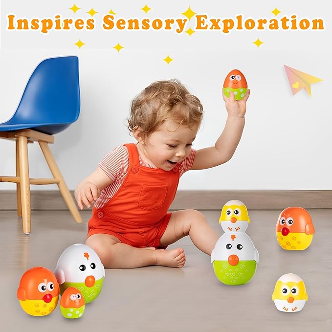 4 PCS Nesting Stacking Easter Eggs for Kids and Toddler, Easter Egg Balance Toys for Easter Party Favors Gifts, Goodie Bag Stuffers, Color Shape Matching Learning Sensory Toys for Baby Boys and Girls