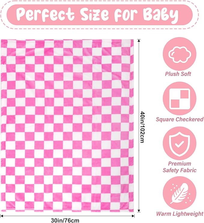 Plush Checkered Baby Blanket for Boys Girls Nursery, 30"*40" Warm Short Fleece Blanket Neutral for Infant Newborn, Small Fuzzy for Sleeping, Chenille Baby for Stroller (Pink&White)