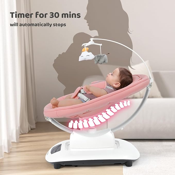 Ezebaby Baby Swing for Infants and Newborns with 5 Unique Motions, Adjustable Speed and Positions, Lullabies, Infant Swing with 5-Point Harness, Baby Swing for Newborn Babies 0-9 Months Pink
