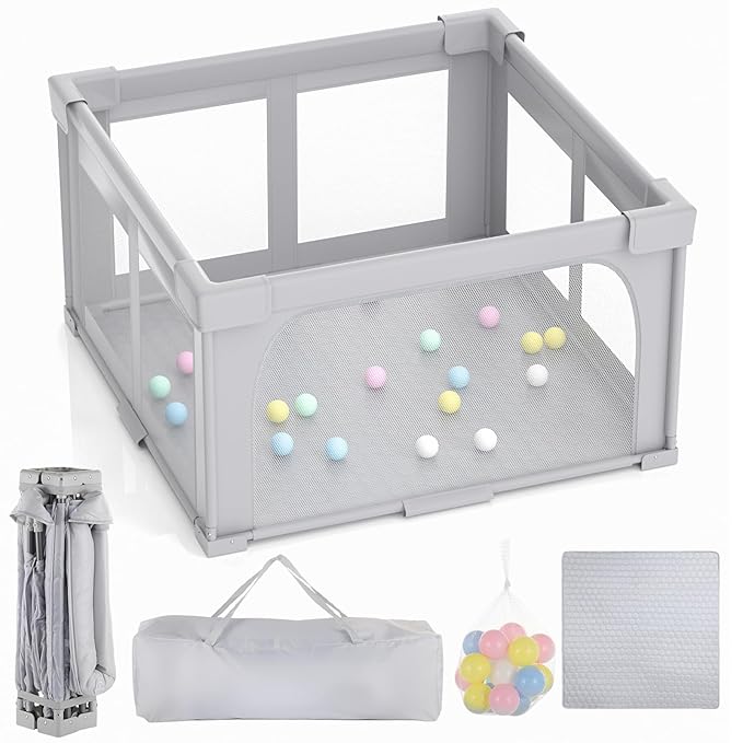 Joyibay Baby Playpen, 47x47 Foldable Playpen with Play Mat, Small Baby Playard, Baby Activity Play Fence Kids Baby Play pen for Babies Toddlers 1-3 Indoor Outdoor