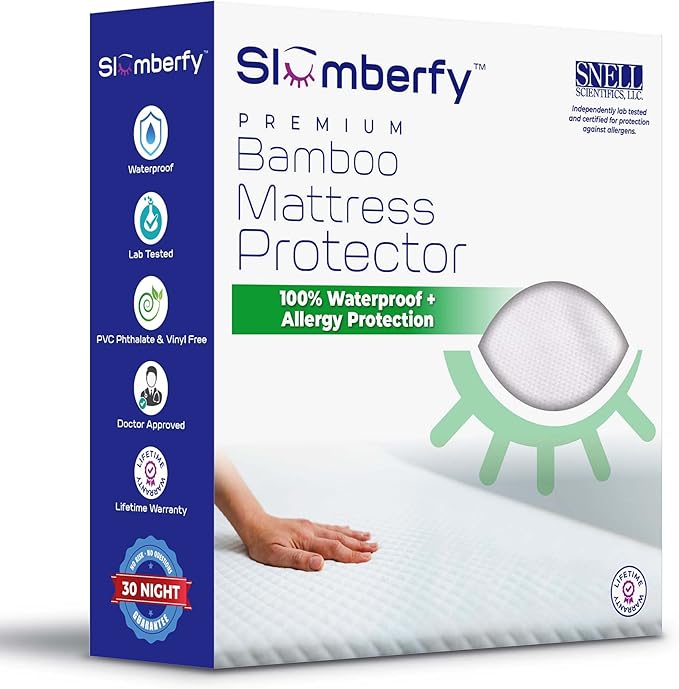 Waterproof Mattress Protector by Slumberfy | Hypoallergenic Viscose Made from Bamboo Mattress Protector | Natural + Breathable Jacquard Fabric | Queen Mattress Cover – 60x80”