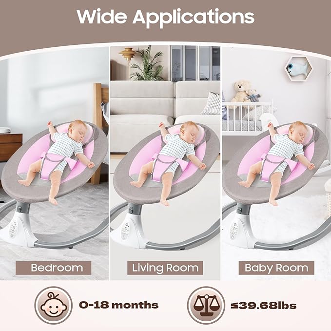 Electric Baby Swings for Infants, Pink Baby Swing with Remote Control, 5 Sway Speeds, Built-in 12 Lullabies, Compact Automatic Toddler Rocker for 0-18 Months & Max39Lbs