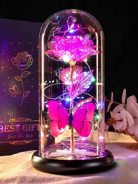 DEEMEI Birthday Gifts for Women Pink Rose Eternal Flower Light Up Rose in Glass Dome with Butterfly, Flowers for Delivery Prime Anniversary Grandma Mom Gift Wife Girlfriend