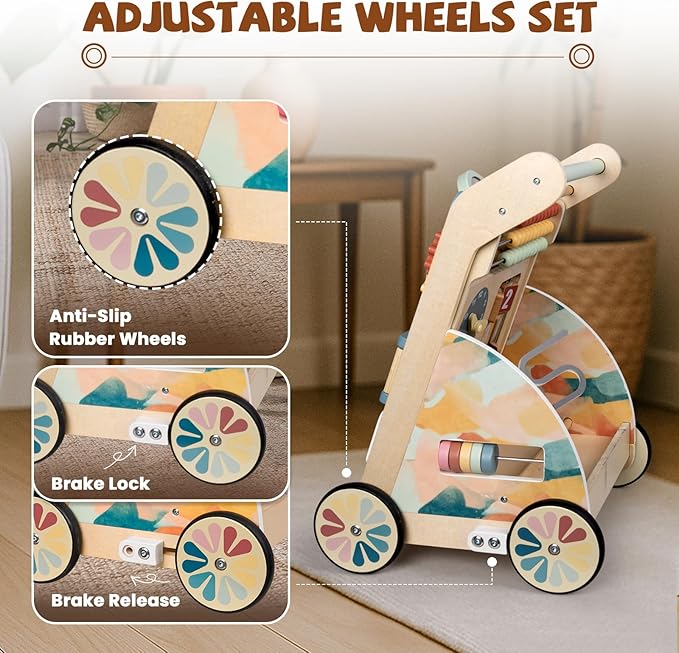 Wooden Baby Walker, Detachable Double-Sided Busy Board, Baby Walking Toys Push Walkers for Babies 6-12 Months