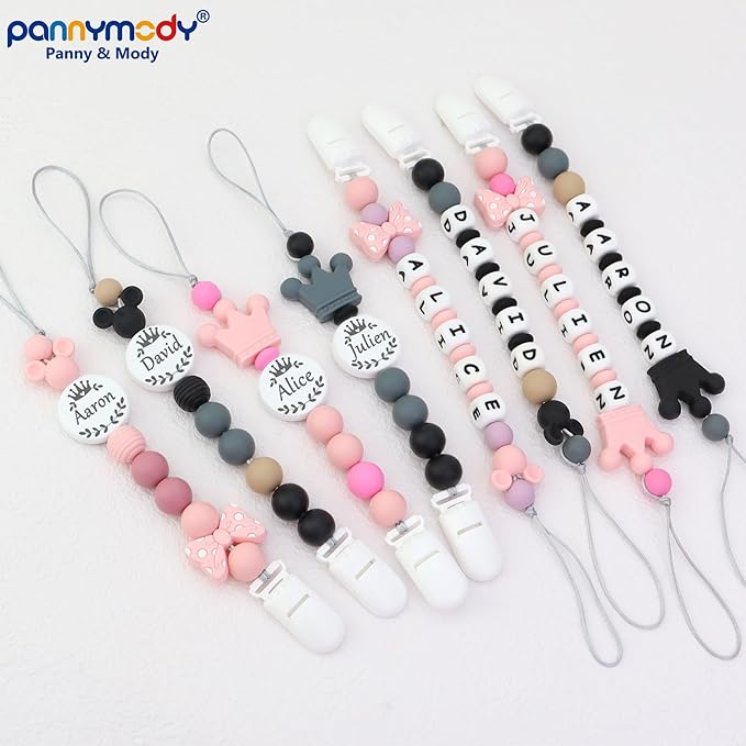 Personalized Pacifier Clip with Name, Customizable Pacifier Clip (2 Pack) (Crown-Pink)