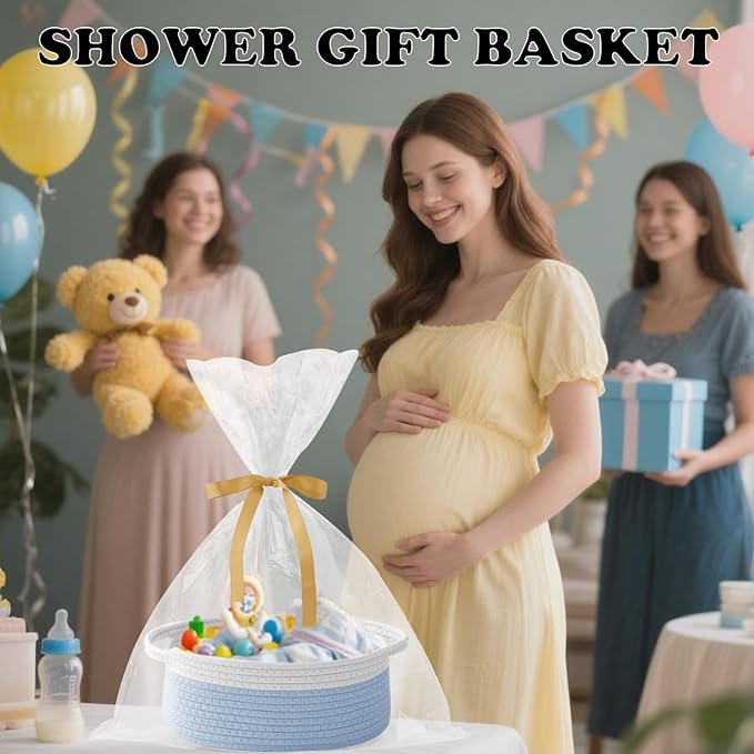 Gift Basket with Gift Bag and Ribbons,Small Rope Woven Shelf Storage,Baskets for Gifts Empty,Birthday,Shower,Decorative Organizer Box for Cat Dog Pet with Handles(White&Blue)