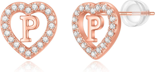Initial Heart Earrings for Girls, Sterling Silver Post Silver/Rose Gold Heart Initial Stud Earrings for Little Girls Kids Baby Earrings Non Tarnish Hypoallergenic Earrings for Teen Girls Gifts Jewelry
