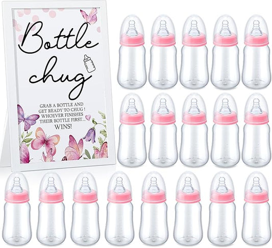 Roowest Bottle Chug Baby Shower Game Favors Including Pink Butterfly Theme Wooden Sign and 18 Pcs Baby Bottles for Gender Reveal Party Supplies