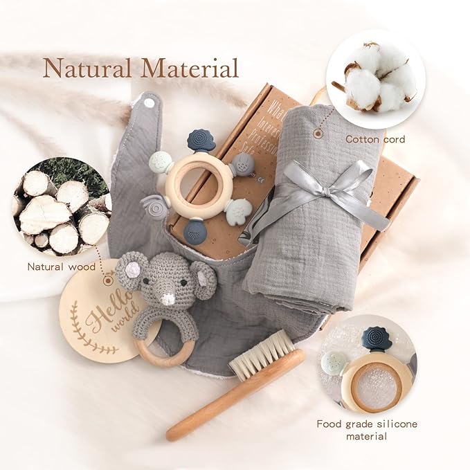 YOUUYS Baby Gift Set for Newborn - Baby Essential Bath Basket Gift Set with Baby Blanket Baby Rattle Teether Toy & Hair Brush Newborn Shower Gift for Baby Girls Boys 6PCS (Elephant)