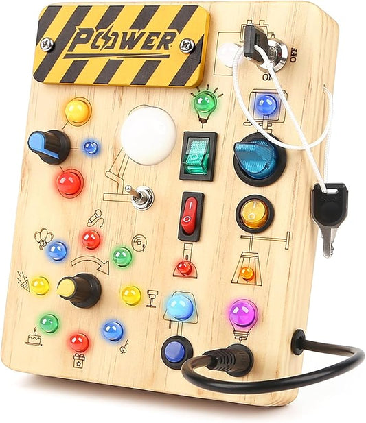 Joyreal Montessori Busy Board Wooden Sensory Toys for Toddler with LED Light Up Switch, Baby Fidget Board Travel Toys for 18+ Months, Boys Girls Birthday, Medium
