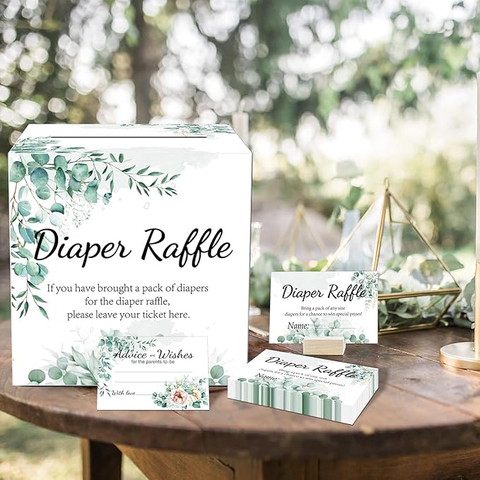 Baby Shower Games, Greenery Diaper Raffle Box for Baby Shower, 50 PCS Diaper Raffle Tickets Card Box with Advice and Wishes for the Parents-to-be, Baby Shower Decorations, Diaper Raffle Sign