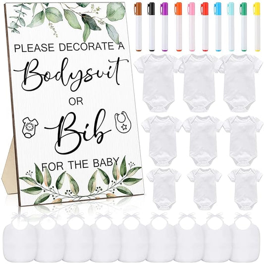Roowest 35 Pcs Baby Shower Bibs Games Design Wooden Baby Shower Party Game Sign DIY Bodysuit Sign 15 White Blank Feeder Bibs 9 Newborn Bodysuit 10 Markers for Boys Girls(Greenery)