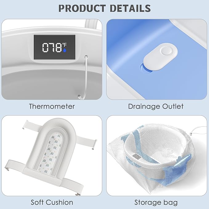 Collapsible Baby Bathtub for Newborn to Toddler 0-36 Months,Extra Large Foldable Infant Bath Tub with Thermometer,Cushion & Drain Hole,Portable Travel Tub, Baby Shower Gift Blue