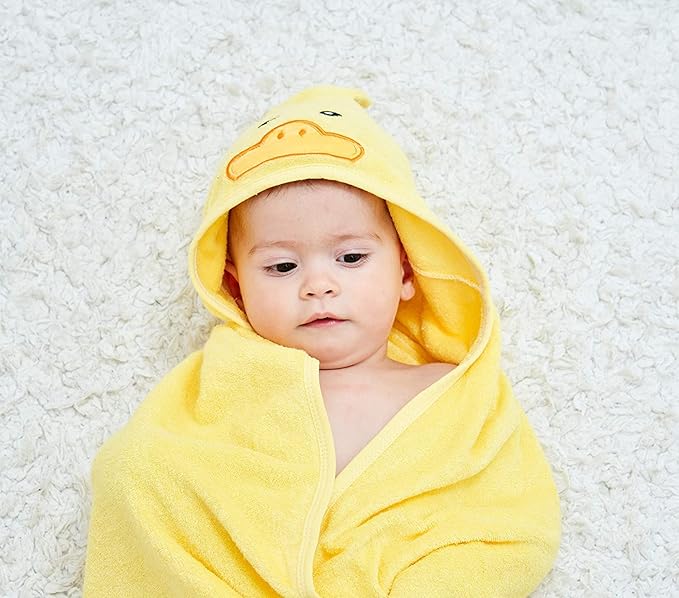HIPHOP PANDA Hooded Towel - Rayon Made from Bamboo, Bath Towel with Bear Ears for Newborn, Babie, Toddler, Infant - Absorbent Large Baby Towel - Yellow Duck, 30 x 40 Inch