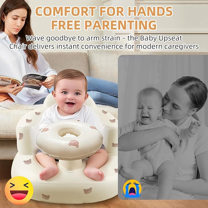 Inflatable Baby Seat with Tray, Blow up Infant Chair for Babies 3 Months and up, Comfortable Baby Floor Seats for Sitting Up, Built in Air Pump with Back Support Toddler Waterproof Sofa (Bear)