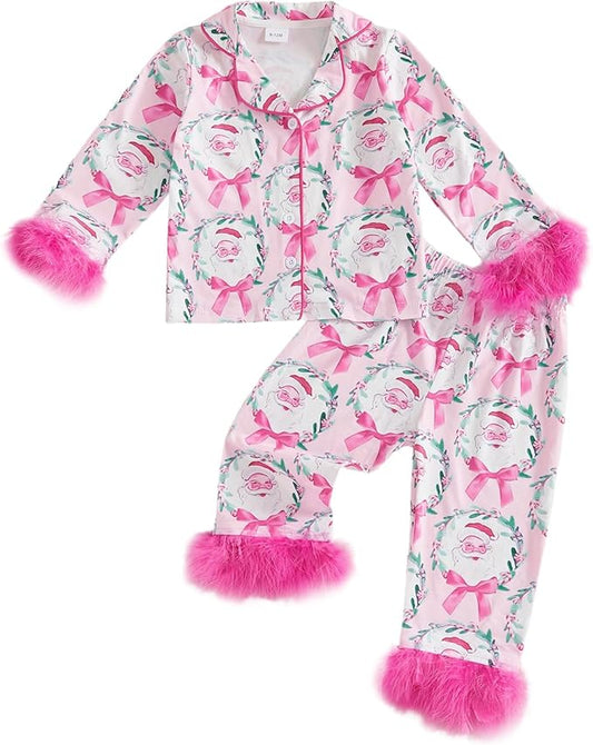 Toddler Kids Baby Girl Solid Pjs Ruffle Long Sleeve Button Shirt Top and Pants Cotton 2Piece Pajamas Set